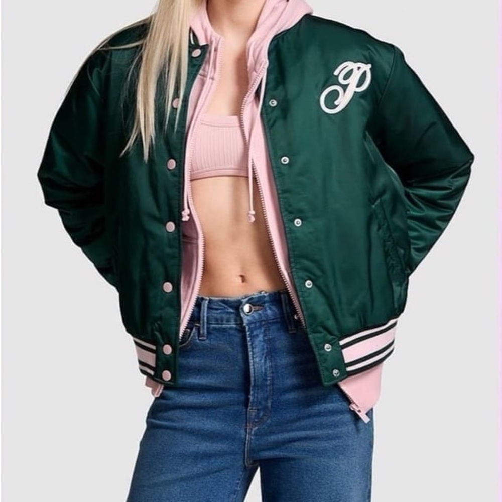 LARGE VS PINK VARSITY DEEP FOREST GREEN JACKET LIMITED EDITION NEW RELEASE
